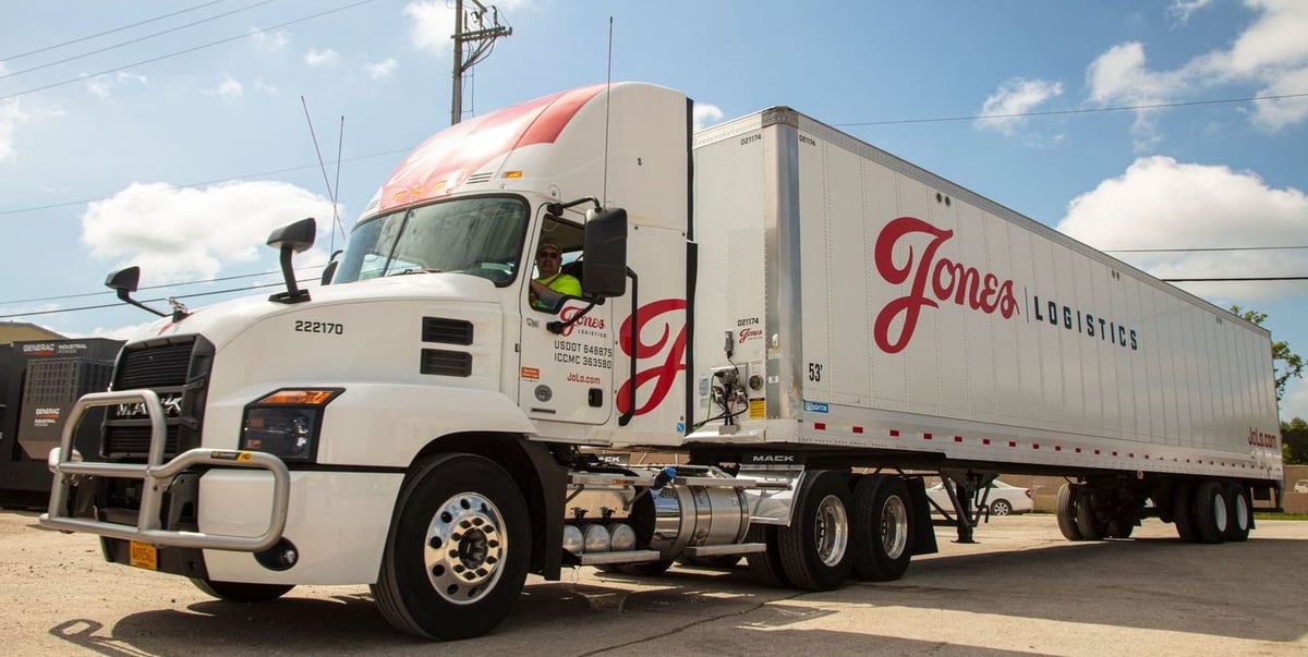 Jones Logistics (JoLo) dry van moves through parking lot in Waukesha, Wisconsin.